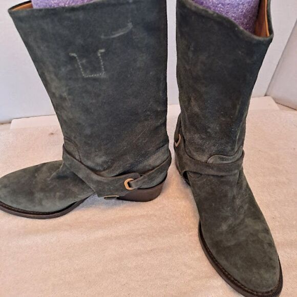 Ralph Lauren Collection Harness Boots Italy Green Suede 1.5" Cowgirl Heel Buckle - Picture 5 of 15